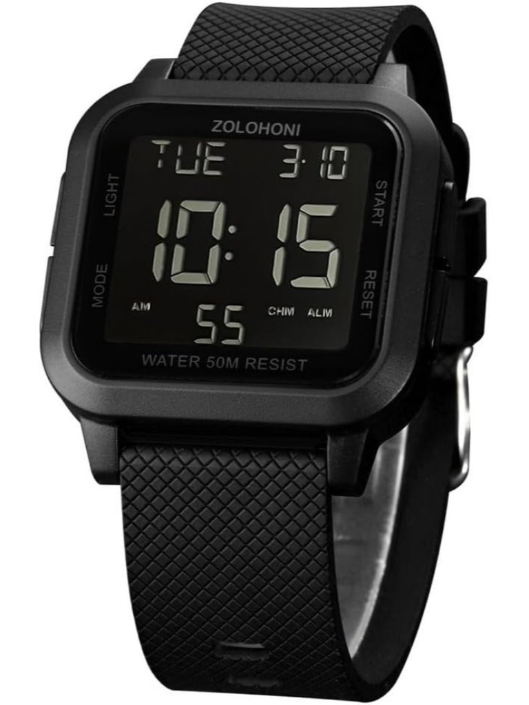 Men's Black Analog Quartz Stainless Steel Waterproof Square Led Digital Watch